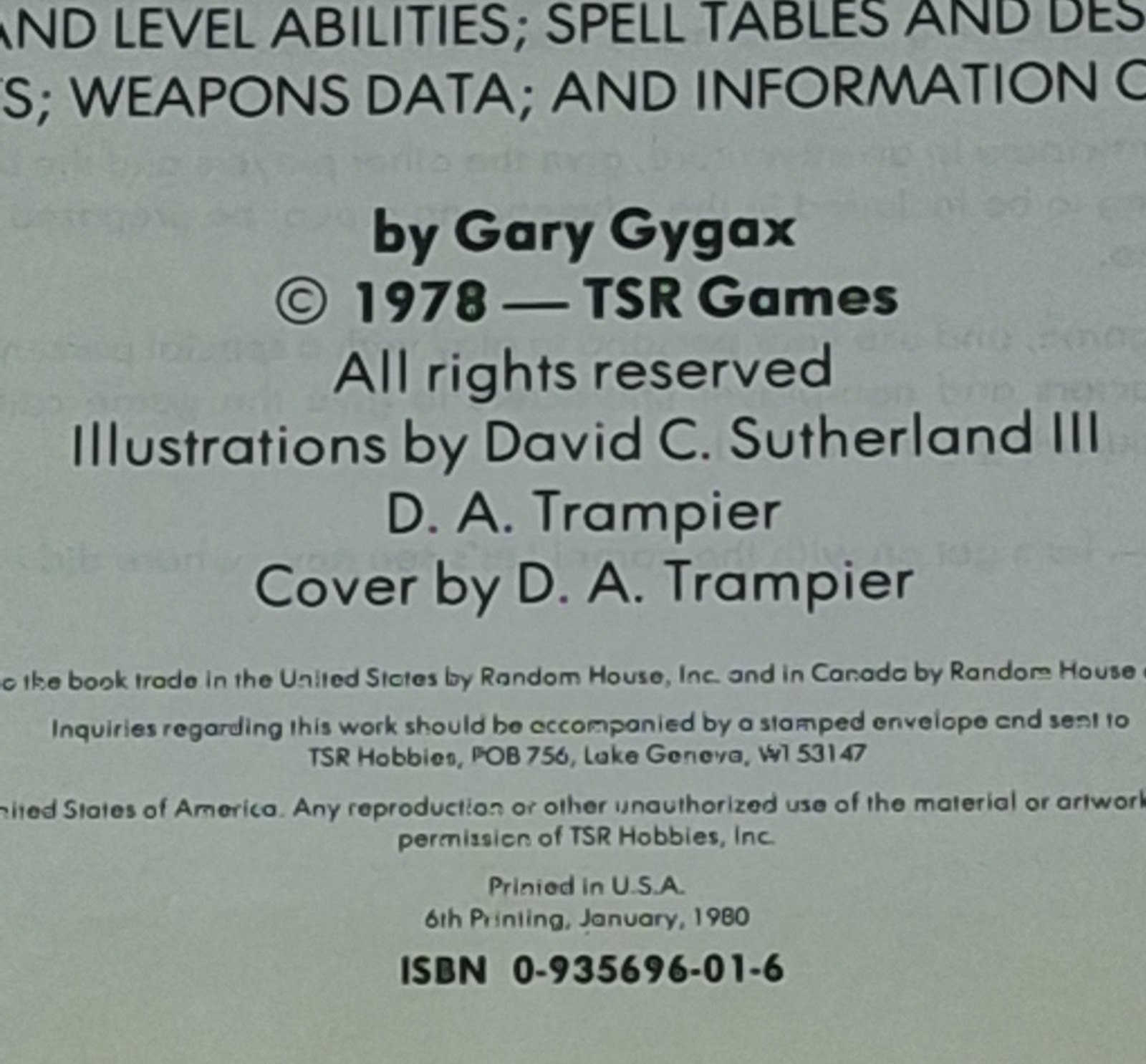 ADVANCED DUNGEONS & DRAGONS PLAYERS HANDBOOK 6th PRINTING 1980 GARY GYGAX TSR