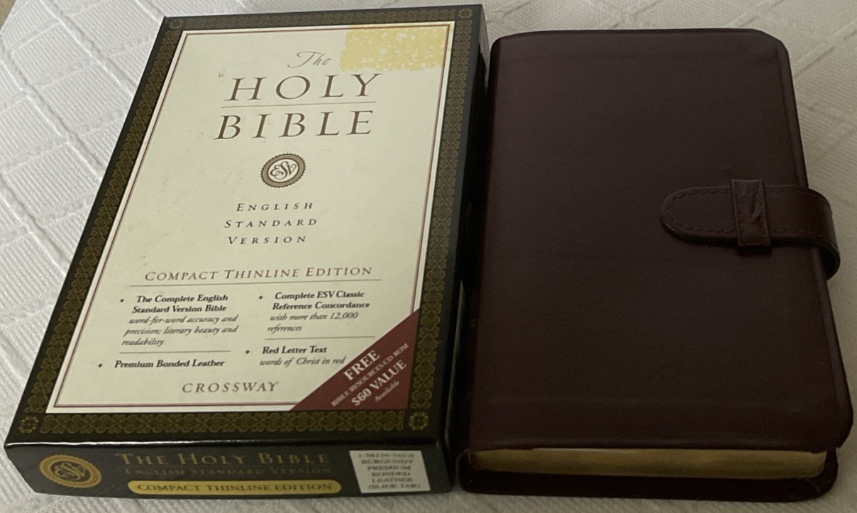 ESV COMPACT THINLINE EDITION. PREMIUM BONDED LEATHER. SLIDE TAB. NEW IN BOX.